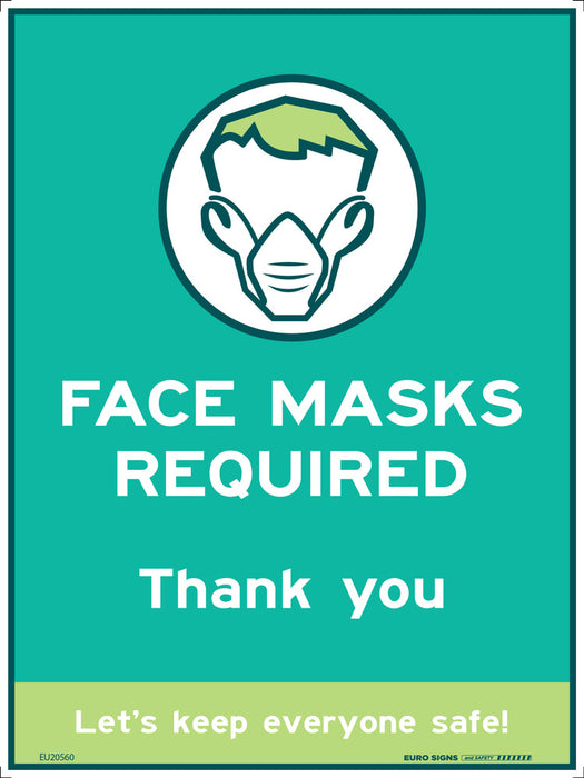 Sign covid FACE MASKS REQUIRED Wht/Blk/Grn - w450 x h600mm CORF