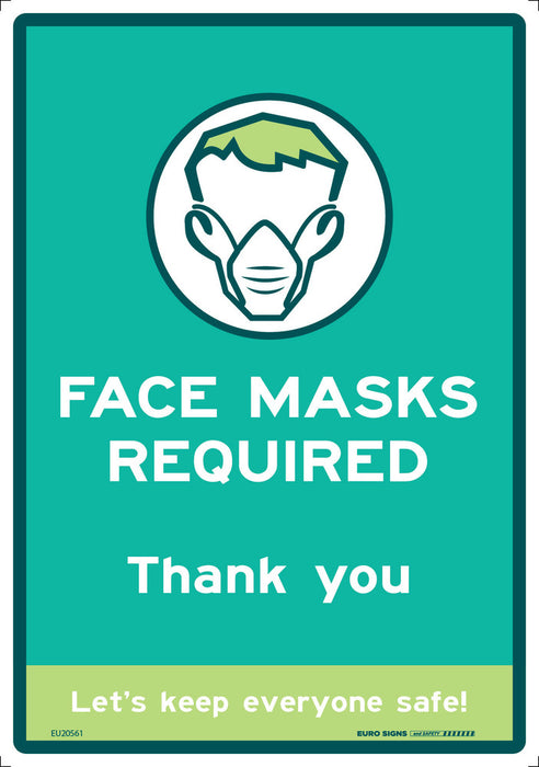 Sign covid FACE MASKS REQUIRED Wht/Blk/Grn - w208 x h296mm POLY