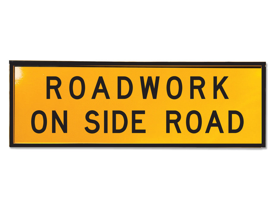 Sign for Box Section ROADWORK ON SIDE ROAD d/sided Class 1 reflc Blk/Ylw - w1800 x h600mm METAL